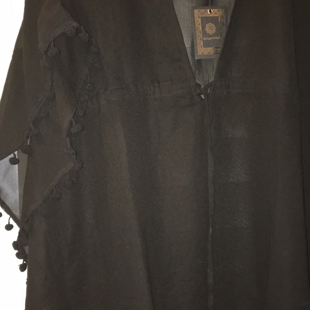 New Black Sheer Kimono Cover up with  POM POMS